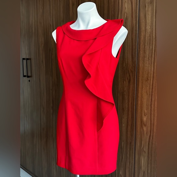 Calvin Klein Red Formal Classy Midi Length Sheath Fitted Ruffle Front Size 8 - Picture 3 of 11